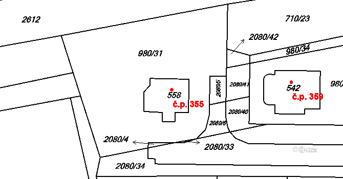 Tečovice 355 na parcele st. 558 v KÚ Tečovice, Katastrální mapa