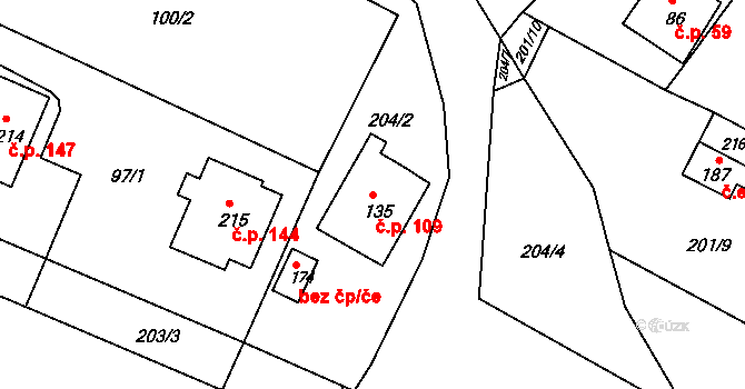 Nové Sedlice 109 na parcele st. 135 v KÚ Nové Sedlice, Katastrální mapa