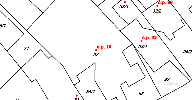 Horní Lhota 16 na parcele st. 32 v KÚ Horní Lhota u Ostravy, Katastrální mapa