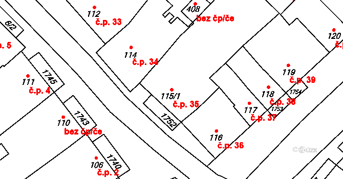 Hostěrádky-Rešov 35 na parcele st. 115/1 v KÚ Hostěrádky, Katastrální mapa