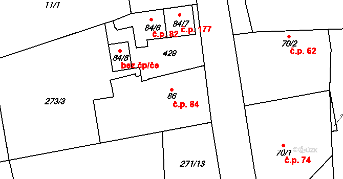 Řestoky 84 na parcele st. 86 v KÚ Řestoky, Katastrální mapa