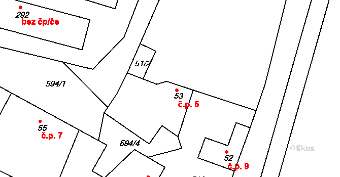 Horňátky 5, Neratovice na parcele st. 53 v KÚ Byškovice, Katastrální mapa