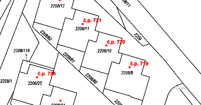 Veselí nad Lužnicí II 720, Veselí nad Lužnicí na parcele st. 2208/10 v KÚ Veselí nad Lužnicí, Katastrální mapa