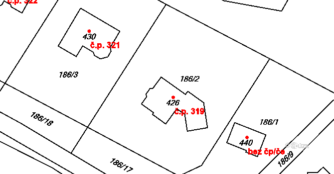 Všeruby 319 na parcele st. 426 v KÚ Všeruby u Plzně, Katastrální mapa
