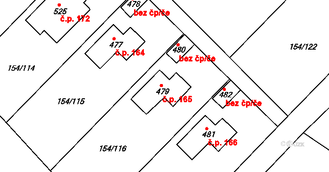 Pakoměřice 165, Bořanovice na parcele st. 479 v KÚ Bořanovice, Katastrální mapa