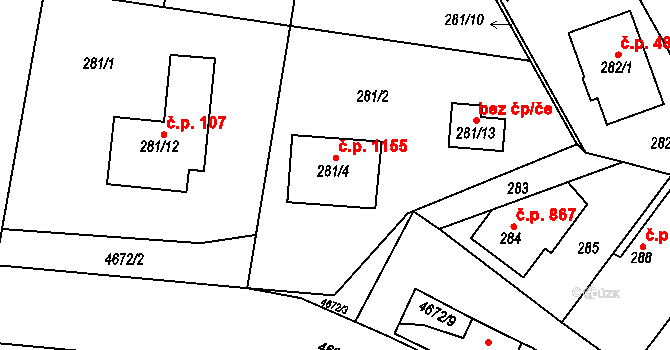 Chotěboř 1155 na parcele st. 281/4 v KÚ Chotěboř, Katastrální mapa