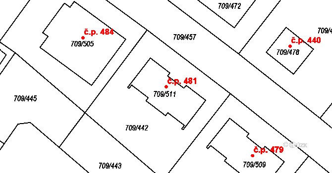 Popůvky 481 na parcele st. 709/511 v KÚ Popůvky u Brna, Katastrální mapa