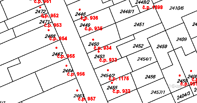 Holešov 933 na parcele st. 2453 v KÚ Holešov, Katastrální mapa