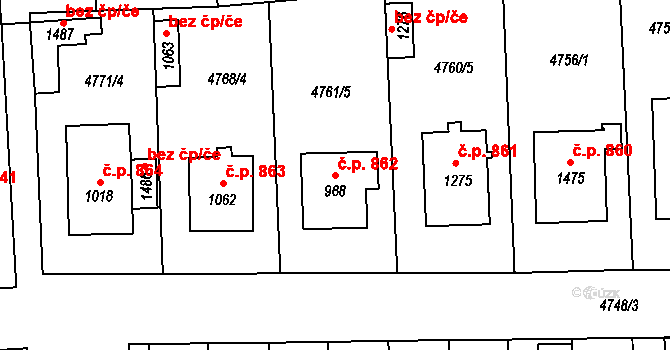 Hrušovany nad Jevišovkou 862 na parcele st. 968 v KÚ Hrušovany nad Jevišovkou, Katastrální mapa