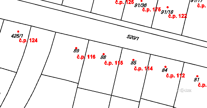 Želatovice 115 na parcele st. 88 v KÚ Želatovice, Katastrální mapa