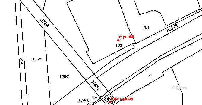 Chvalešovice 44, Dříteň na parcele st. 103 v KÚ Chvalešovice, Katastrální mapa