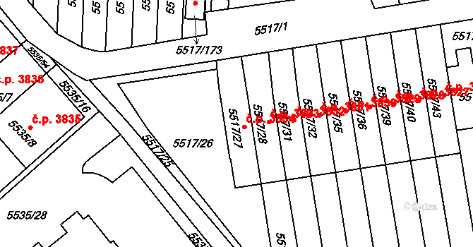 Jihlava 3834 na parcele st. 5517/27 v KÚ Jihlava, Katastrální mapa