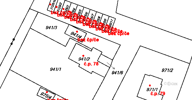 Lyžbice 78, Třinec na parcele st. 941/2 v KÚ Lyžbice, Katastrální mapa