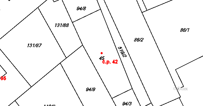 Borek 42 na parcele st. 45 v KÚ Borek, Katastrální mapa