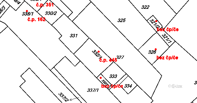 Vnorovy 445 na parcele st. 332/1 v KÚ Vnorovy, Katastrální mapa