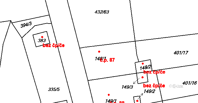Mokrá Lhota 87, Bystřice na parcele st. 148/1 v KÚ Líšno, Katastrální mapa