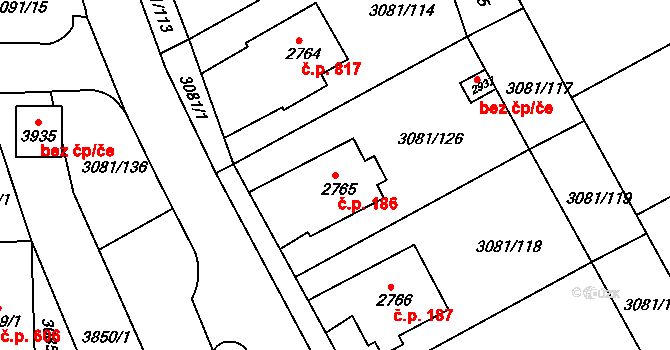Žichlínské Předměstí 186, Lanškroun na parcele st. 2765 v KÚ Lanškroun, Katastrální mapa