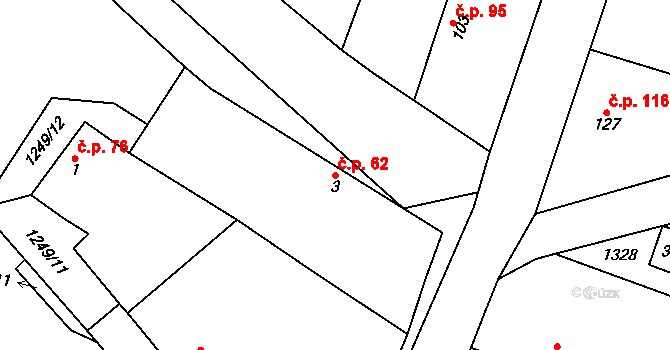 Krchleby 62 na parcele st. 3 v KÚ Krchleby u Nymburka, Katastrální mapa