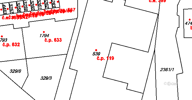 Cheb 119 na parcele st. 539 v KÚ Cheb, Katastrální mapa