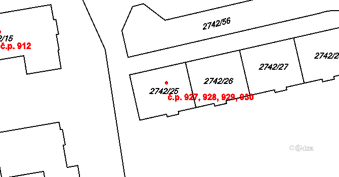 Hostivař 927,928,929,930, Praha na parcele st. 2742/25 v KÚ Hostivař, Katastrální mapa