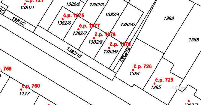 Mutěnice 1078 na parcele st. 1382/9 v KÚ Mutěnice, Katastrální mapa