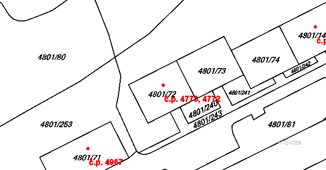 Chomutov 4772,4773 na parcele st. 4801/72 v KÚ Chomutov I, Katastrální mapa