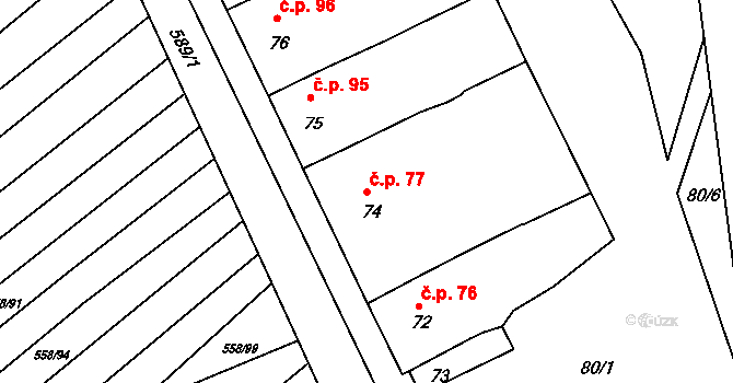 Trboušany 77 na parcele st. 74 v KÚ Trboušany, Katastrální mapa