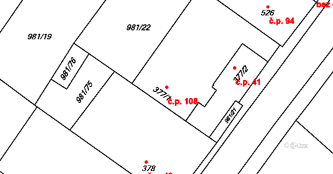 Bělušice 108 na parcele st. 377/1 v KÚ Bělušice, Katastrální mapa