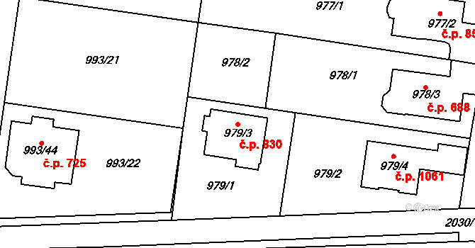 Modřice 830 na parcele st. 979/3 v KÚ Modřice, Katastrální mapa