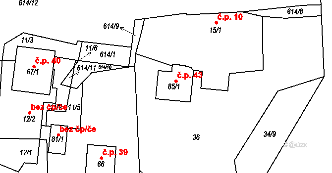 Kocourov 43, Mochtín na parcele st. 85/1 v KÚ Kocourov, Katastrální mapa