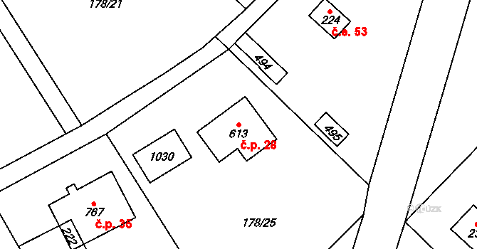 Lhotka 28, Svinaře na parcele st. 613 v KÚ Svinaře, Katastrální mapa
