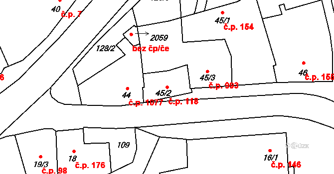 Malenovice 118, Zlín na parcele st. 45/2 v KÚ Malenovice u Zlína, Katastrální mapa