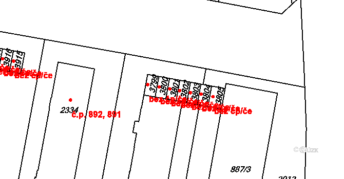 Třebíč 43594018 na parcele st. 3801 v KÚ Třebíč, Katastrální mapa