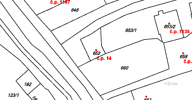 Vlčnov 14 na parcele st. 652 v KÚ Vlčnov, Katastrální mapa
