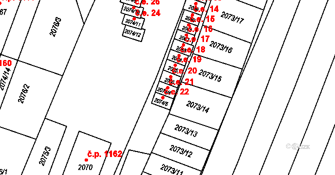 Kunovice 21 na parcele st. 2074/4 v KÚ Kunovice u Uherského Hradiště, Katastrální mapa