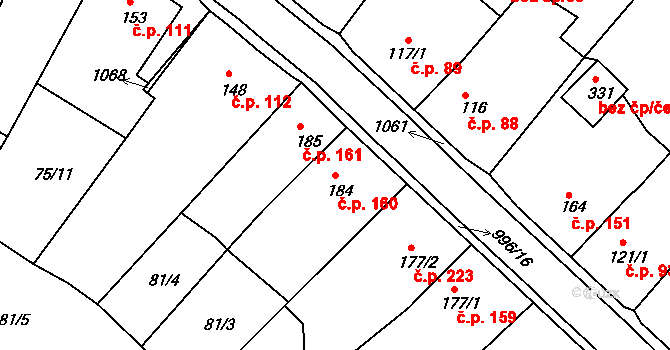 Obrnice 160 na parcele st. 184 v KÚ Obrnice, Katastrální mapa