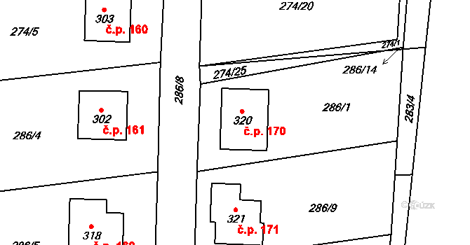Prosetín 170 na parcele st. 320 v KÚ Prosetín u Hlinska, Katastrální mapa