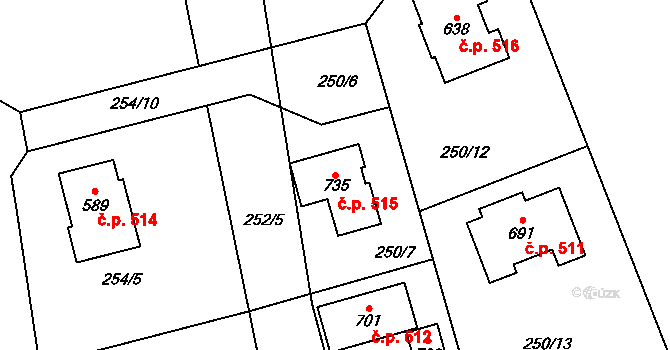 Vysoká nad Labem 515 na parcele st. 735 v KÚ Vysoká nad Labem, Katastrální mapa