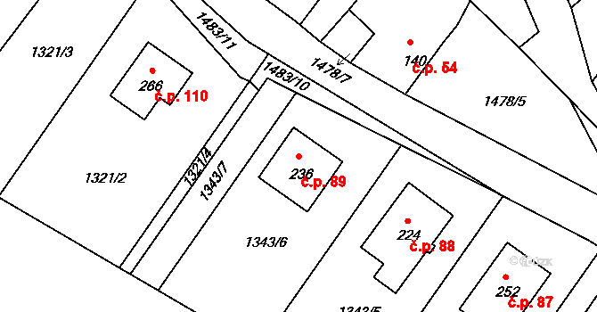 Srnín 89 na parcele st. 236 v KÚ Srnín, Katastrální mapa