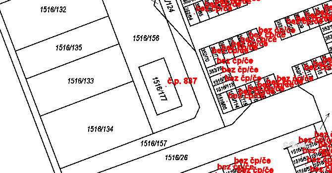Březnice 837 na parcele st. 1516/177 v KÚ Březnice, Katastrální mapa