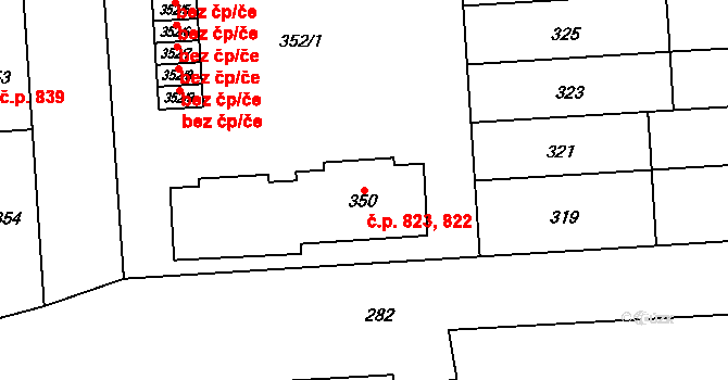 Pohořelice 822,823 na parcele st. 350 v KÚ Pohořelice nad Jihlavou, Katastrální mapa