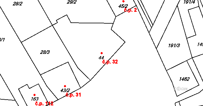 Chvalnov 32, Chvalnov-Lísky na parcele st. 44 v KÚ Chvalnov, Katastrální mapa