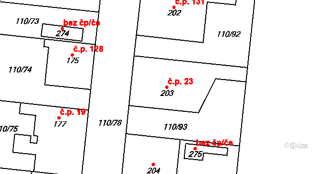 Dvory 23 na parcele st. 203 v KÚ Dvory u Nymburka, Katastrální mapa