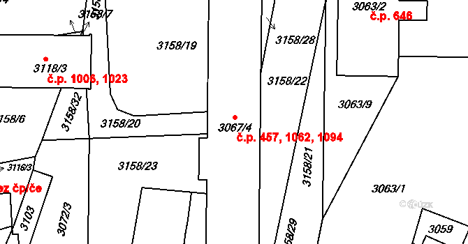 Přerov I-Město 457,1062,1094, Přerov na parcele st. 3067/4 v KÚ Přerov, Katastrální mapa