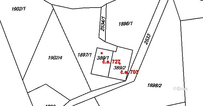 Mariánská Hora 727, Albrechtice v Jizerských horách na parcele st. 389/1 v KÚ Albrechtice v Jizerských horách, Katastrální mapa