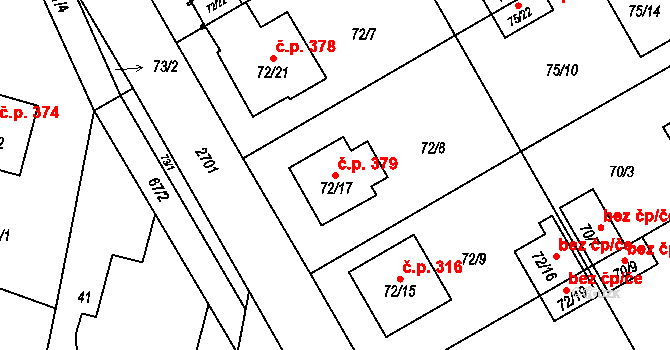 Lyžbice 379, Třinec na parcele st. 72/17 v KÚ Lyžbice, Katastrální mapa