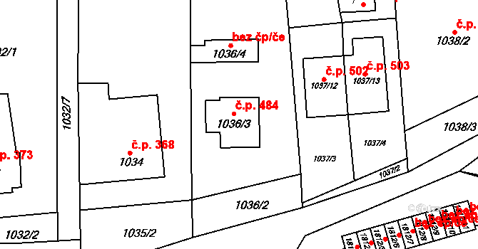 Říčany 484 na parcele st. 1036/3 v KÚ Říčany u Brna, Katastrální mapa