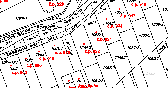 Rousínovec 922, Rousínov na parcele st. 1064/3 v KÚ Rousínov u Vyškova, Katastrální mapa