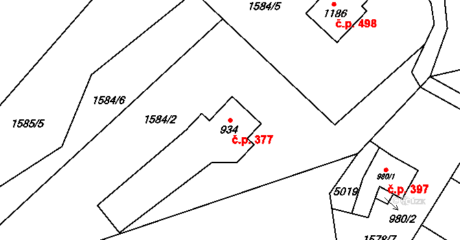 Ostravice 377 na parcele st. 934 v KÚ Ostravice 1, Katastrální mapa