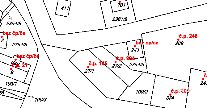Hudlice 294 na parcele st. 27/2 v KÚ Hudlice, Katastrální mapa